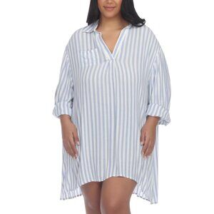 NWT Raviya Womens Plus Size Striped Tunic Shirt Swim Cover-Up Blue / White 1X